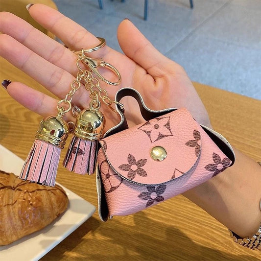 Pink Cute Mini PU Leather Coin Pouch with Tassel Keychain - Printed Pattern Earphone Holder, Small Key Bag for Women, Lightweight Everyday Accessory