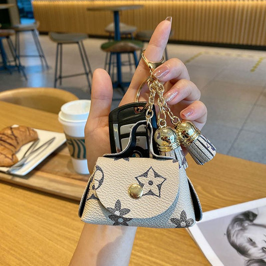 cream-coloured Cute Mini PU Leather Coin Pouch with Tassel Keychain - Printed Pattern Earphone Holder, Small Key Bag for Women, Lightweight Everyday Accessory