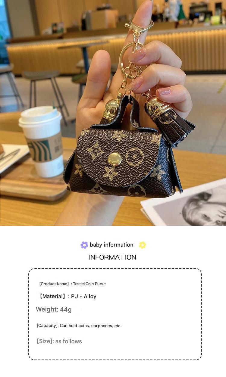 cream-coloured Cute Mini PU Leather Coin Pouch with Tassel Keychain - Printed Pattern Earphone Holder, Small Key Bag for Women, Lightweight Everyday Accessory