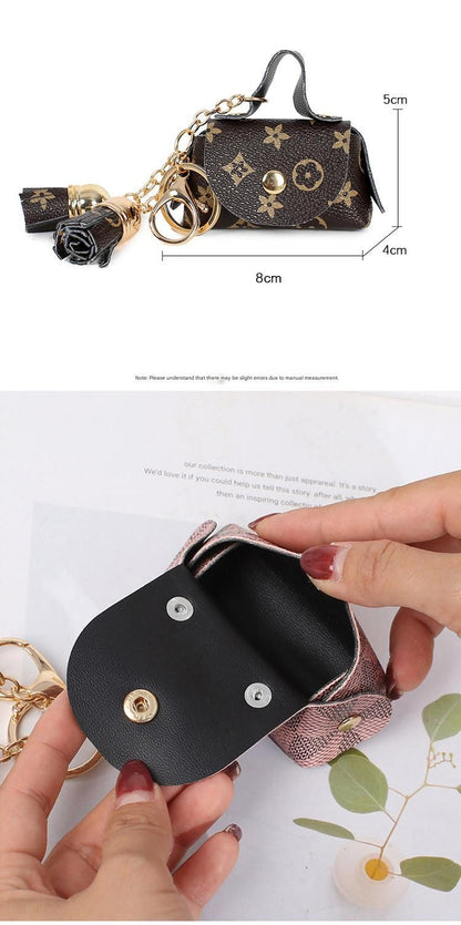 cream-coloured Cute Mini PU Leather Coin Pouch with Tassel Keychain - Printed Pattern Earphone Holder, Small Key Bag for Women, Lightweight Everyday Accessory