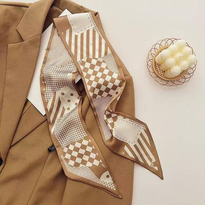 2-piece Coffee Geometric and Diamond Grid French Style Long Silk Scarf - Coffee  Print - Versatile Skinny Neck Ribbon, Hair Tie, Bag Handle Accessory, Elegant Office Wear, Lightweight Polyester