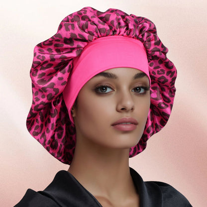 Aquarius -Rose Red Leopard Print Satin Sleep Bonnet -  Large Size Hair Protection Cap with Elastic Band, Soft Lined for Curly Hair, Night Wear and Spa Use