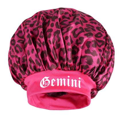 Gemini -Rose Red Leopard Print Satin Sleep Bonnet -  Large Size Hair Protection Cap with Elastic Band, Soft Lined for Curly Hair, Night Wear and Spa Use