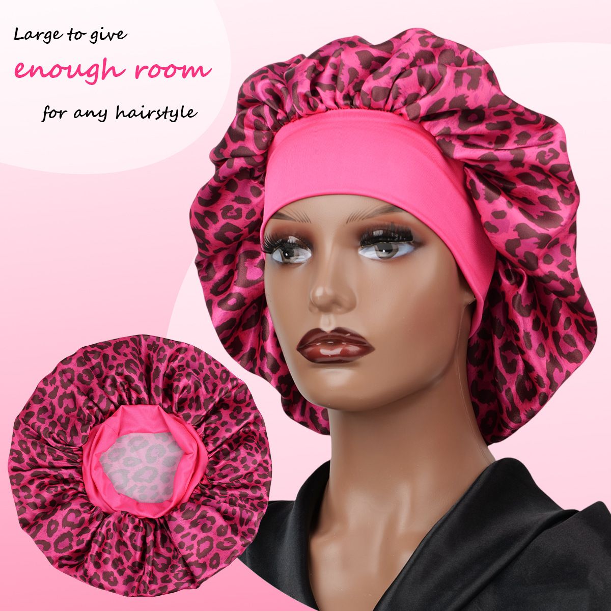 Gemini -Rose Red Leopard Print Satin Sleep Bonnet -  Large Size Hair Protection Cap with Elastic Band, Soft Lined for Curly Hair, Night Wear and Spa Use