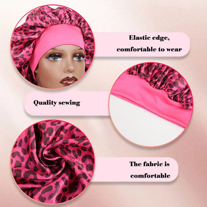 Leo -Rose Red Leopard Print Satin Sleep Bonnet -  Large Size Hair Protection Cap with Elastic Band, Soft Lined for Curly Hair, Night Wear and Spa Use