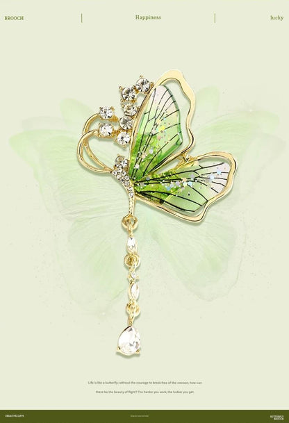 Green Butterfly Brooch - Green Enamel Crystal Tassel Pin - Elegant Alloy Jewelry for Women, Gift for Mom, Teacher, Friend, Birthday, Valentine's Day, Mother's Day