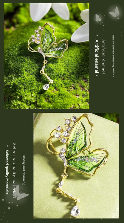 Green Butterfly Brooch - Green Enamel Crystal Tassel Pin - Elegant Alloy Jewelry for Women, Gift for Mom, Teacher, Friend, Birthday, Valentine's Day, Mother's Day