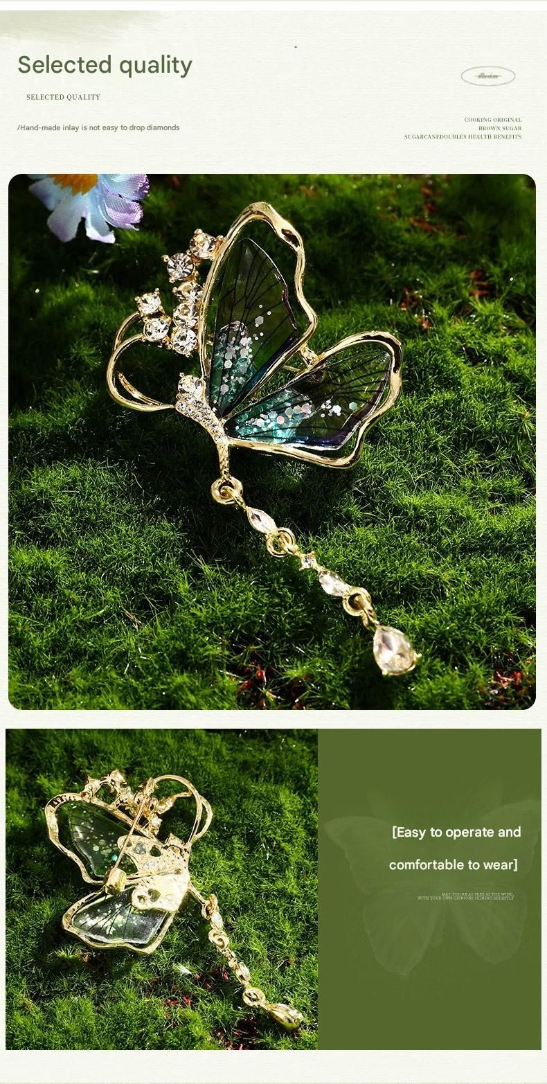 Green Butterfly Brooch - Green Enamel Crystal Tassel Pin - Elegant Alloy Jewelry for Women, Gift for Mom, Teacher, Friend, Birthday, Valentine's Day, Mother's Day