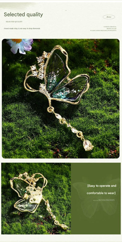 Green Butterfly Brooch - Green Enamel Crystal Tassel Pin - Elegant Alloy Jewelry for Women, Gift for Mom, Teacher, Friend, Birthday, Valentine's Day, Mother's Day