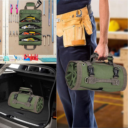 Black Multi-Purpose 600D Oxford Cloth Roll-Up Tool Organizer Bag – Heavy-Duty Waterproof & Anti-Scratch Organizer for Electricians, Mechanics & Automotive Use-Duty Oxford Fabric - Multi-Pocket Storage for Electricians, Mechanics & DIY Enthusiasts
