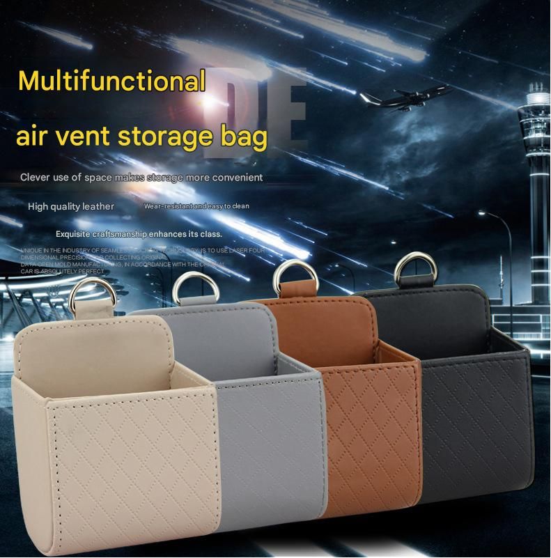 Brown Leather Car Air Vent Storage Bag - Multi-Purpose Phone Holder & Organiser Pouch for Sunglasses, Keys, Cards - Universal Fit, Easy Install, Compact Design for Dashboard Tidy