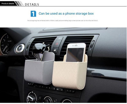 Brown Leather Car Air Vent Storage Bag - Multi-Purpose Phone Holder & Organiser Pouch for Sunglasses, Keys, Cards - Universal Fit, Easy Install, Compact Design for Dashboard Tidy