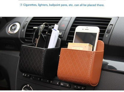 Brown Leather Car Air Vent Storage Bag - Multi-Purpose Phone Holder & Organiser Pouch for Sunglasses, Keys, Cards - Universal Fit, Easy Install, Compact Design for Dashboard Tidy