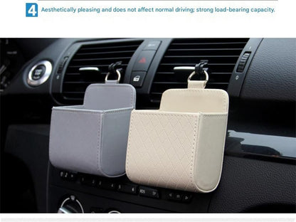 Brown Leather Car Air Vent Storage Bag - Multi-Purpose Phone Holder & Organiser Pouch for Sunglasses, Keys, Cards - Universal Fit, Easy Install, Compact Design for Dashboard Tidy