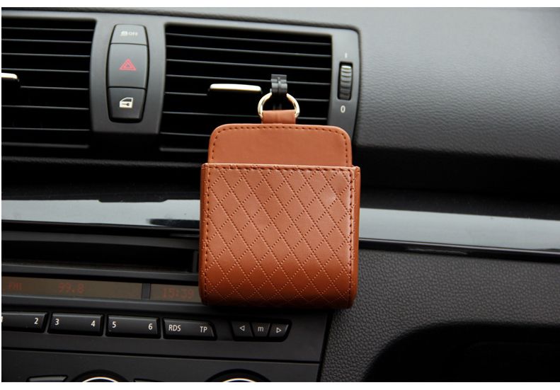 Brown Leather Car Air Vent Storage Bag - Multi-Purpose Phone Holder & Organiser Pouch for Sunglasses, Keys, Cards - Universal Fit, Easy Install, Compact Design for Dashboard Tidy