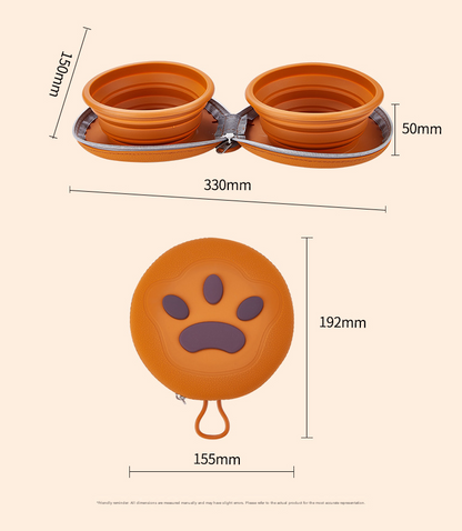 Brown and Pink Portable Collapsible Silicone Pet Bowl - Food Grade Silicone - Dual Bowl Design, Adjustable Height, Lightweight & Compact, Bear Paw Pattern, for Dogs & Cats, Travel Friendly, Easy Clean
