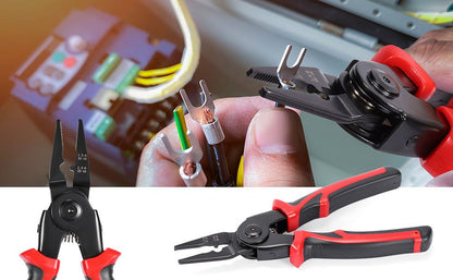 Black and Red 5 in 1 Interchangeable Plier Tool Set - High Carbon Steel - Wire Stripper, Crimper, Cutter, Linesman Pliers, Shear - Multi-Purpose for Electricians, DIY, Home Repair, Compact & Durable
