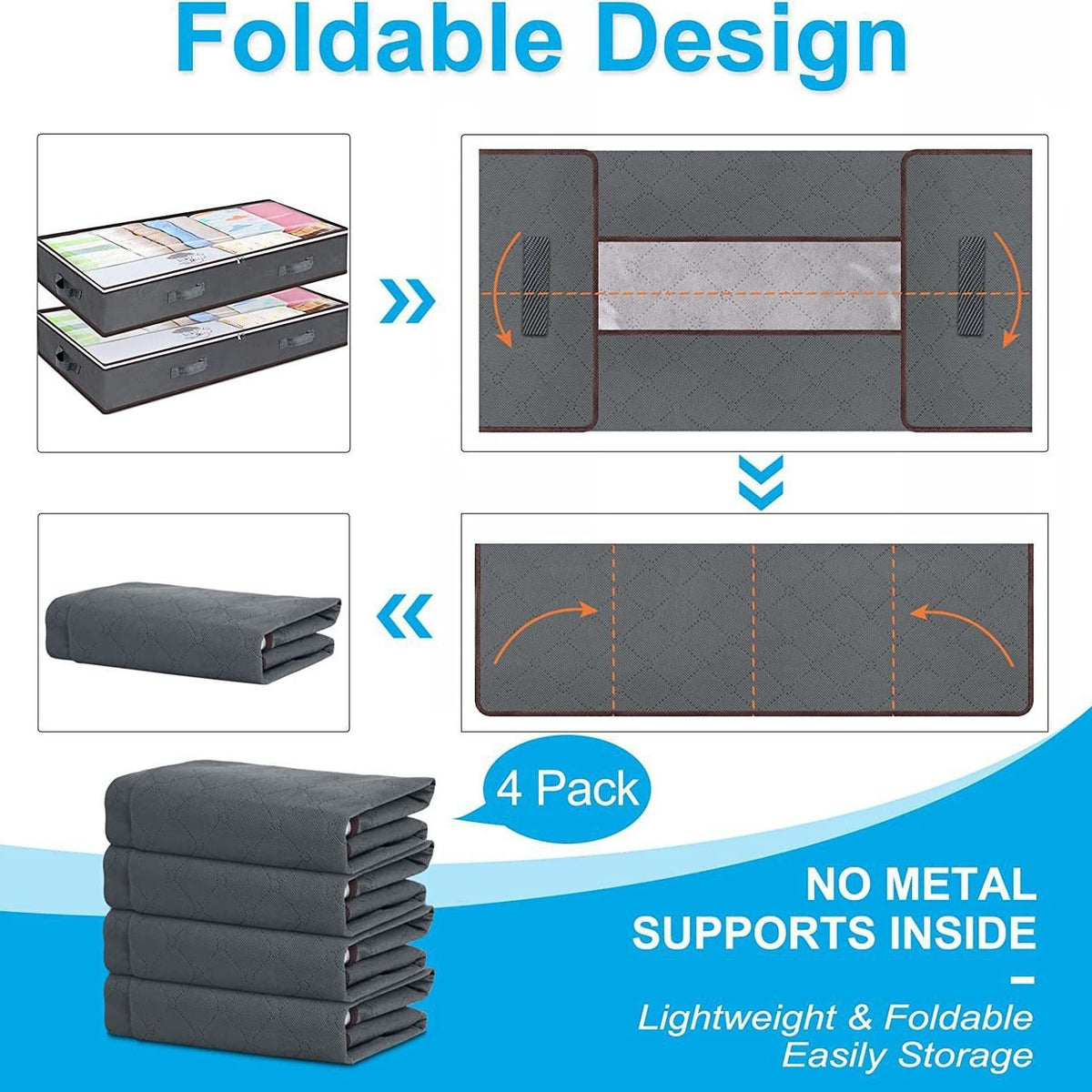 Grey Under Bed Storage Bag - Foldable Underbed Organiser with Clear Window and Handles for Blankets Clothes
