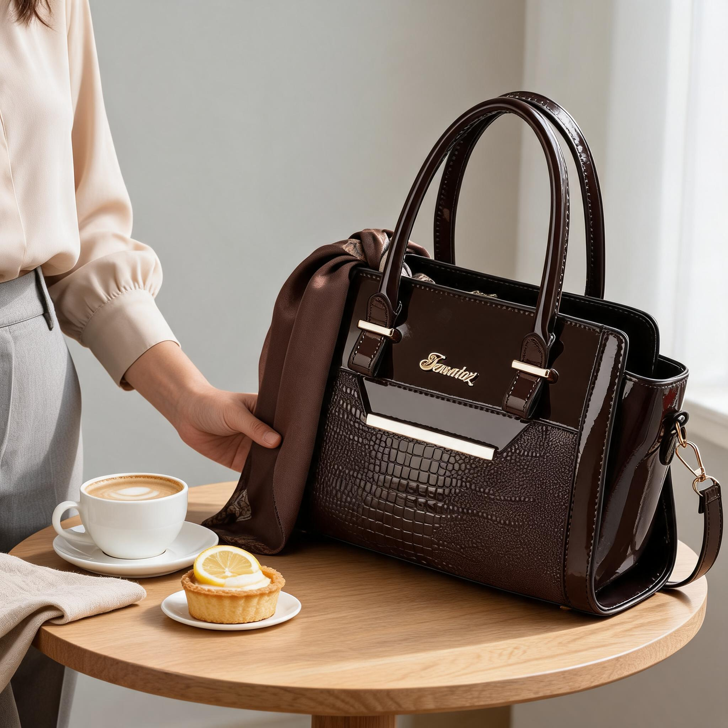 Khaki Women's Handbag Set - Large Capacity 2 Piece Shoulder Bag with Matching Wallet