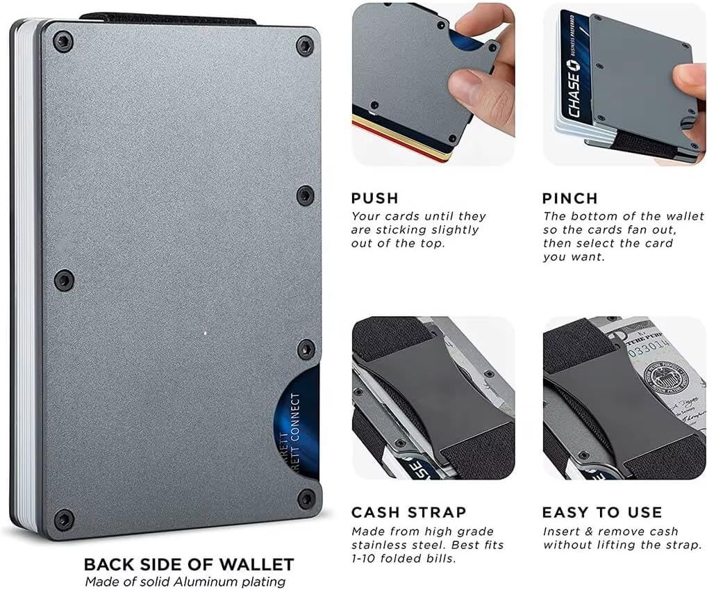 Black Slim RFID Blocking Aluminum Card Holder - Metal Wallet with Cash Strap Minimalist Card Case