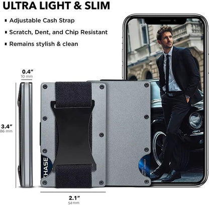 Grey Slim RFID Blocking Aluminum Card Holder - Metal Wallet with Cash Strap Minimalist Card Case