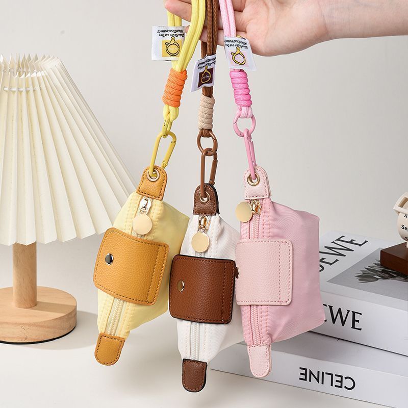 White Mini Nylon Coin Purse with Wrist Strap - Compact Zipper Key Holder Pouch for Cards Lipstick and Earphones