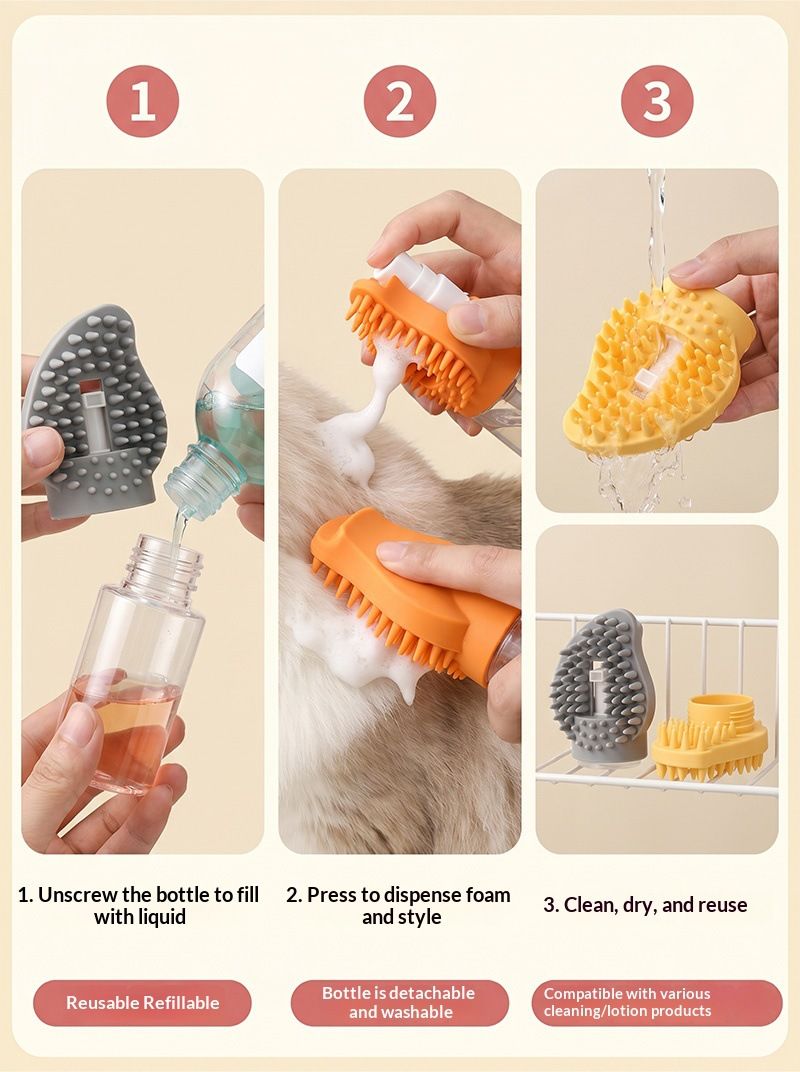 Orange Pet Shampoo Brush Silicone Foaming Massage Comb Dog Cat Bathing Grooming Tool
