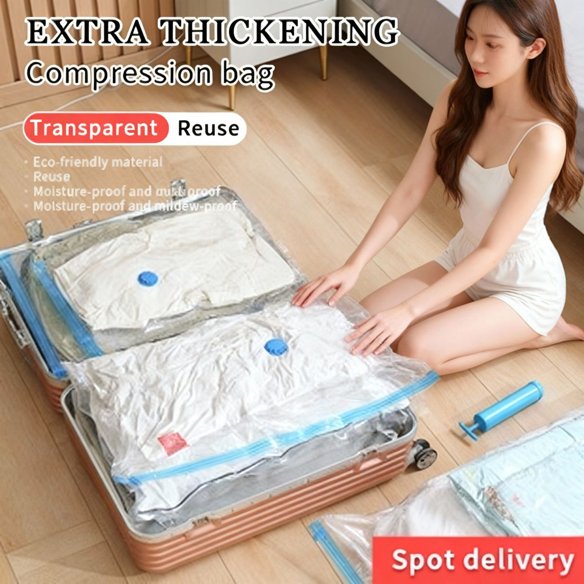 Vacuum Compression Storage Bags 7 Piece Set (6 Bags + Hand Pump) for Clothes Quilts Travel
