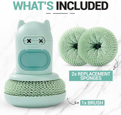 Green Cartoon Press Dishwashing Brush with Replaceable Sponge Heads Kitchen Pot Cleaner