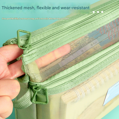 Morandi blue Double Layer Mesh File Bag with Handle Large Capacity Student Subject Organizer