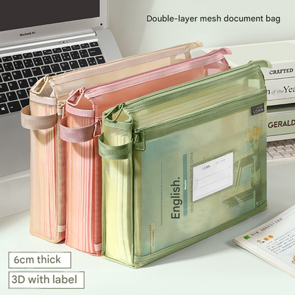 Peony Red Double Layer Mesh File Bag with Handle Large Capacity Student Subject Organizer