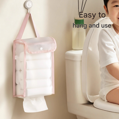 3 PCS Pink Wall Mounted Transparent Tissue Storage Bag Waterproof Hanging Holder with Adhesive Hook