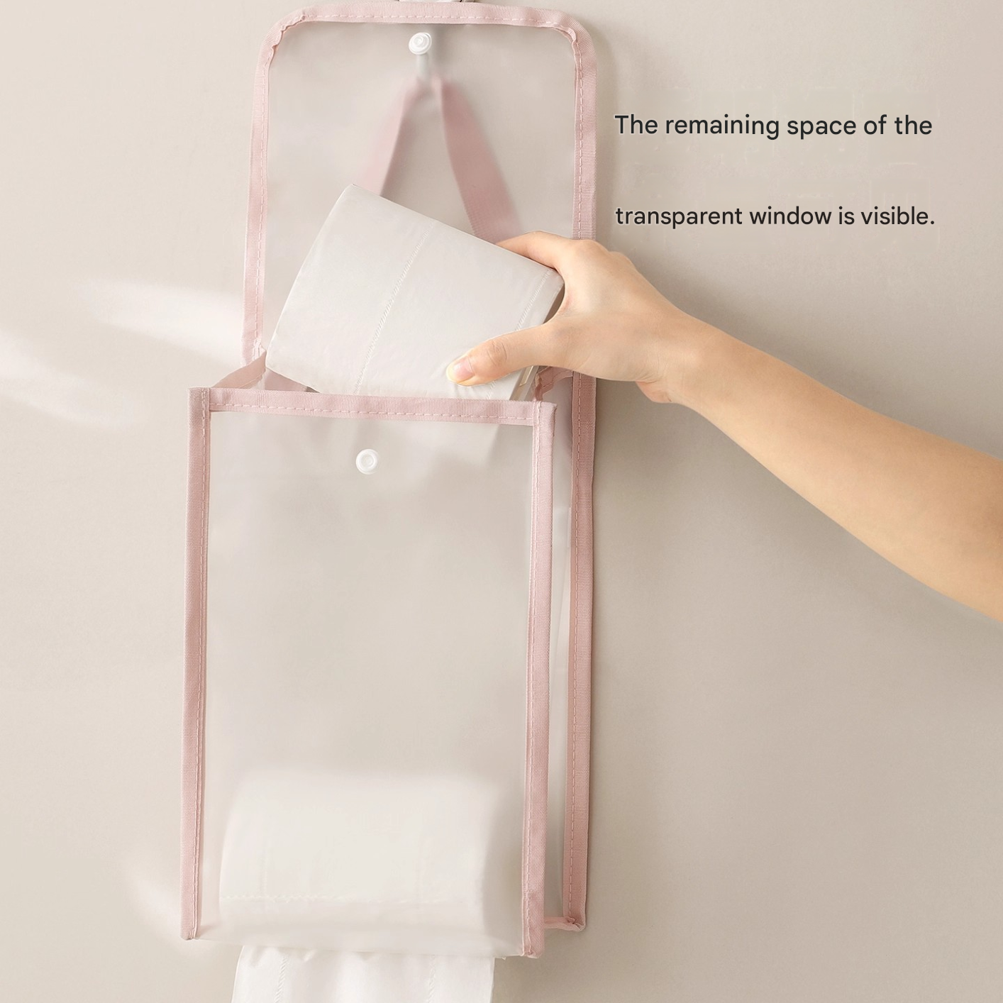 3 PCS Pink Wall Mounted Transparent Tissue Storage Bag Waterproof Hanging Holder with Adhesive Hook