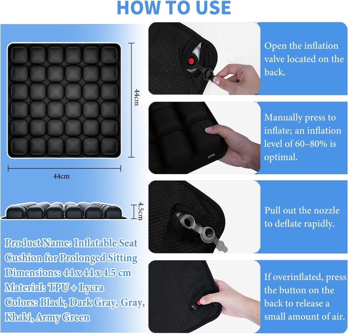Dark Grey Portable 3D Aircell Travel Inflatable Seat Cushion with Built-in Pump – 36 Airbags Ergonomic Pressure Relief Pad with Lycra Cover & Non-Slip Base for Office Car Flight Long Sitting