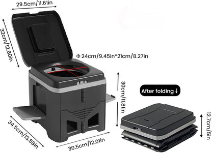 Portable Travel Toilet with Integrated Dual Storage Wings & Odor-Proof Lid – Ergonomic Reusable Foldable Commode with 12.7cm Folding Height for Car Travel & Outdoor Use (Black)