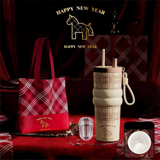 Beige British Equestrian Plaid 710ML Insulated Travel Mug with Dual-Drink Lid, Straw & Straw Cap - Ceramic Liner Car Coffee Tumbler with Tea Water Separator Ball and Matching Protective Sleeve (Delux Gift Box)