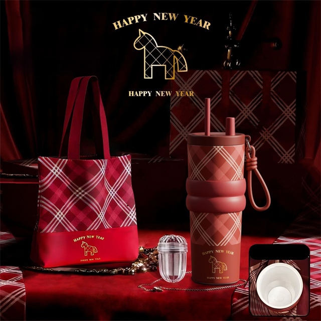 Red British Equestrian Plaid 710ML Insulated Travel Mug with Dual-Drink Lid, Straw & Straw Cap - Ceramic Liner Car Coffee Tumbler with Tea Water Separator Ball and Matching Protective Sleeve (Delux Gift Box)