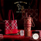 Red British Equestrian Plaid 710ML Insulated Travel Mug with Dual-Drink Lid, Straw & Straw Cap - Ceramic Liner Car Coffee Tumbler with Tea Water Separator Ball and Matching Protective Sleeve (Delux Gift Box)