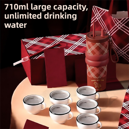 Red British Equestrian Plaid 710ML Insulated Travel Mug with Dual-Drink Lid, Straw & Straw Cap - Ceramic Liner Car Coffee Tumbler with Tea Water Separator Ball and Matching Protective Sleeve (Delux Gift Box)