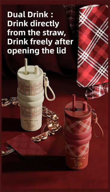 Red British Equestrian Plaid 710ML Insulated Travel Mug with Dual-Drink Lid, Straw & Straw Cap - Ceramic Liner Car Coffee Tumbler with Tea Water Separator Ball and Matching Protective Sleeve (Delux Gift Box)