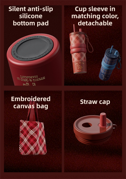 Red British Equestrian Plaid 710ML Insulated Travel Mug with Dual-Drink Lid, Straw & Straw Cap - Ceramic Liner Car Coffee Tumbler with Tea Water Separator Ball and Matching Protective Sleeve (Delux Gift Box)