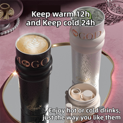 710ML Black Luxury Gradient Textured Aurora Starry Night Insulated Travel Mug (Bow Pendant Gift Box) – Ceramic Liner Car Coffee Tumbler with Pop-Up Straw Dual Lid, Sinking Tea Infuser Ball and Cup Sleeve
