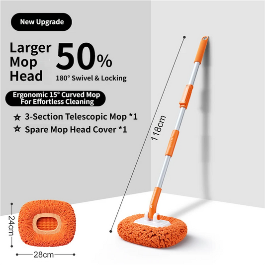 Orange 21° Curved Car Wash Mop and Snow Scraper with 180°Rotating Detachable Pole & 2 x Extra Large Microfiber Brush Cover – 3 Section Telescopic (58–118 CM) Aluminum Alloy Cleaning Brush for Vehicle and Home Care