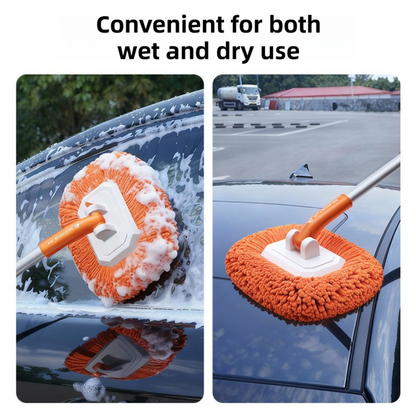Orange 21° Curved Car Wash Mop and Snow Scraper with 180°Rotating Detachable Pole & 2 x Extra Large Microfiber Brush Cover – 3 Section Telescopic (58–118 CM) Aluminum Alloy Cleaning Brush for Vehicle and Home Care