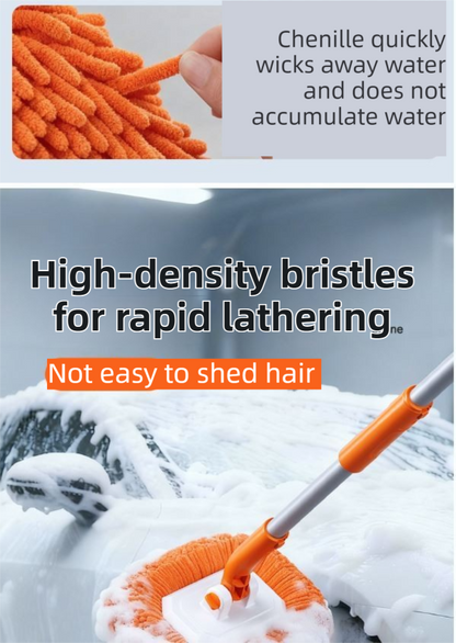 Orange 21° Curved Car Wash Mop and Snow Scraper with 180°Rotating Detachable Pole & 2 x Extra Large Microfiber Brush Cover – 3 Section Telescopic (58–118 CM) Aluminum Alloy Cleaning Brush for Vehicle and Home Care