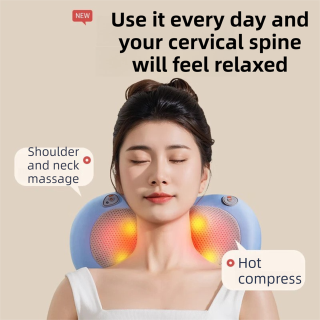 Grey Wireless Rechargeable Cervical & Lumbar Massager Pillow with 4 High/Low Massage Points, 42°C Constant Heat, 3 Speeds and Adjustable Strap – Multifunctional Shiatsu Back Massage Cushion for Neck Waist Shoulder Relief
