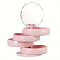 2-Pack 4-Tier Rotating Jewelry Organizer Box with Adjustable Mirror & Diamond Cut Design – Compact 360° Swivel Earring Stud Necklace Storage Box for Vanity Countertop, 10 x 10cm, Pink