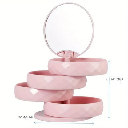 2-Pack 4-Tier Rotating Jewelry Organizer Box with Adjustable Mirror & Diamond Cut Design – Compact 360° Swivel Earring Stud Necklace Storage Box for Vanity Countertop, 10 x 10cm, White