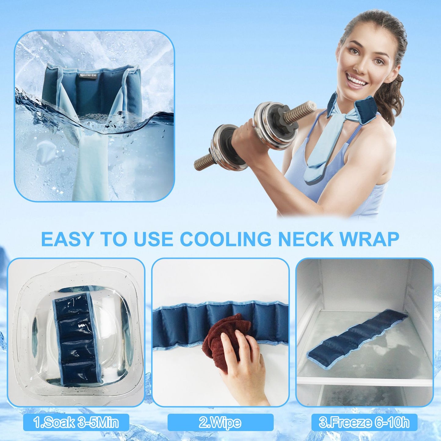 Blue and Grey Reusable Evaporative Physical Cooling Scarf – Long Ice Neck Wrap Bandana with Hydrogel Crystals for Outdoor Sports, Fitness & Heatwave Alleviation