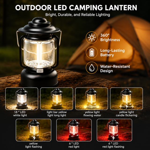 2PCS Black Vintage LED Outdoor Camping Lantern with Warm Ambient Light - 7 Lighting Modes, 24H Long Runtime, USB-C Rechargeable, Stepless Dimming and Hanging Tent Light
